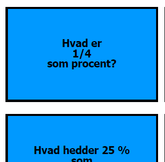 Tre eksempler på Quiz og Byt kort med brøk/decimaltal/procent.