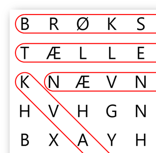 På lærerarket finder du en liste med ordene og denne facitliste.